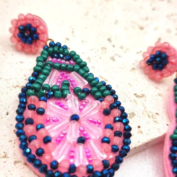 New ZARA Tropical Boho Pink Blue Green Beaded Fringe Earrings - Picture 8 of 11